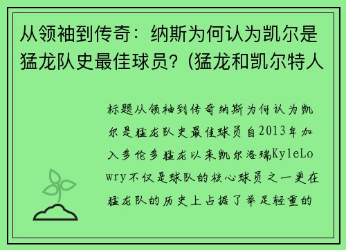 从领袖到传奇：纳斯为何认为凯尔是猛龙队史最佳球员？(猛龙和凯尔特人比赛录像)