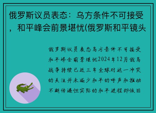 俄罗斯议员表态：乌方条件不可接受，和平峰会前景堪忧(俄罗斯和平镜头)