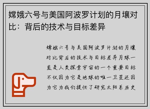 嫦娥六号与美国阿波罗计划的月壤对比：背后的技术与目标差异